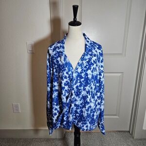 $99 NWT Calvin‎ Klein Wrap Top Women 3X Collared Long Sleeve Abstract Blue White